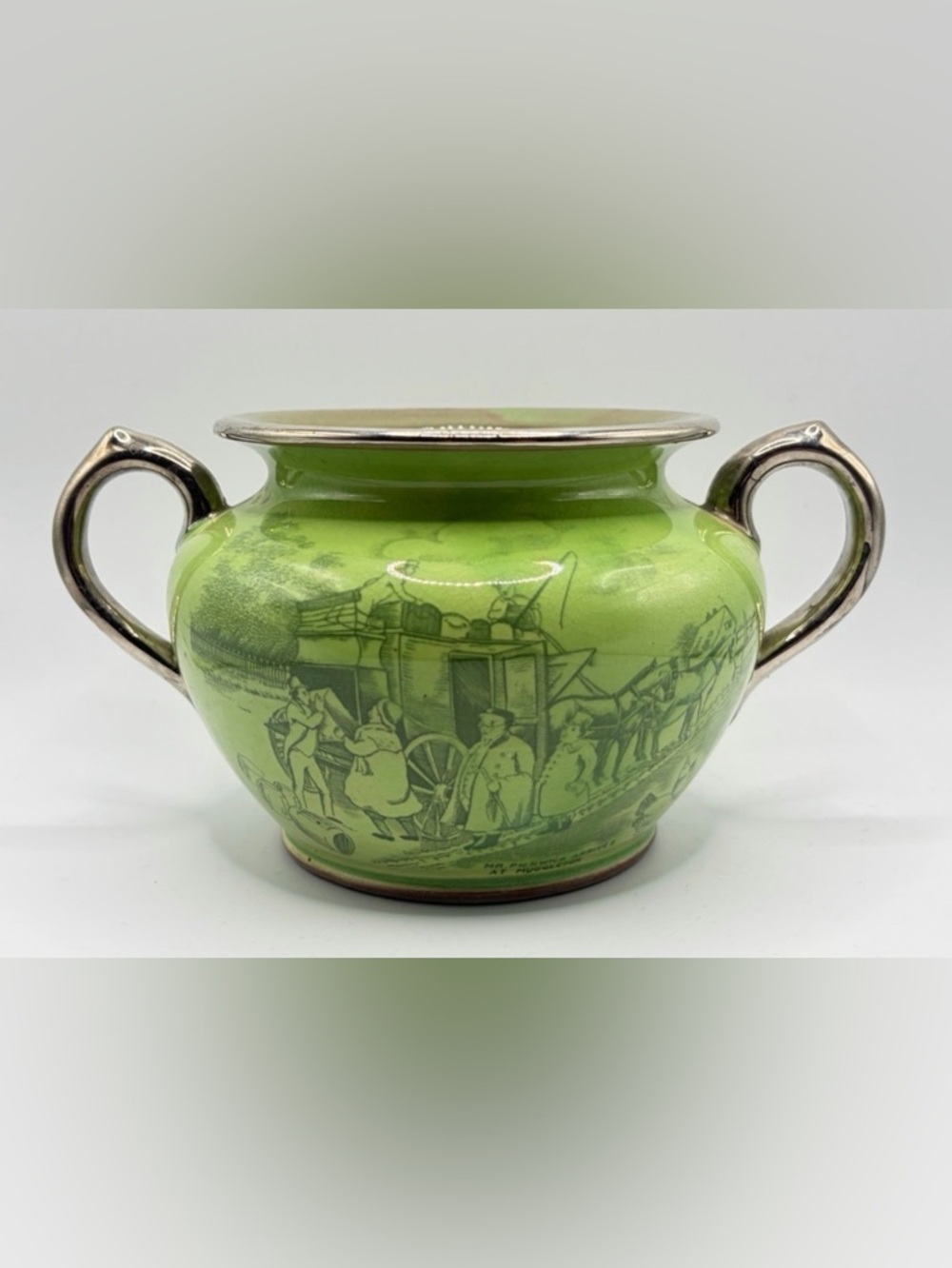 M&M Altho Ware Sports & Pastime Green Glazed Ceramic Vase Sugar Bowl, 1920/30s